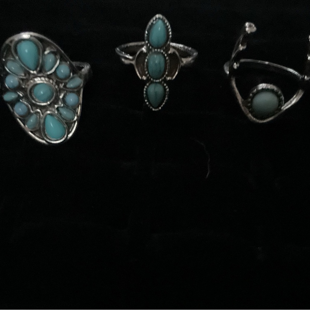 New x3 Silver Tone Rings Turquoise Inspired Trendy Fashion Ring Set Size 7 / 8 - Picture 5 of 6